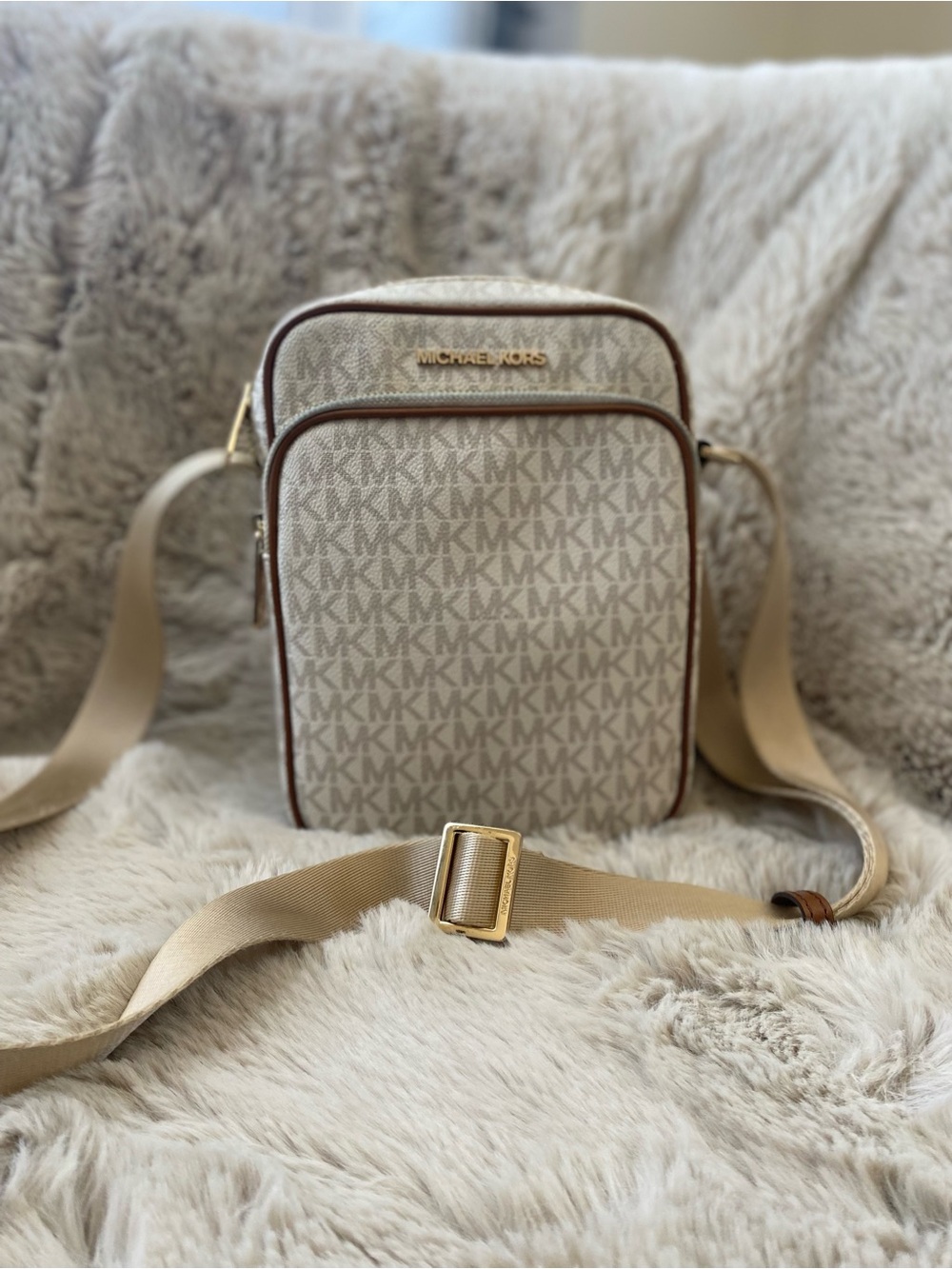 Michael Kors Cream MK Monogram Crossbody with Tan Trim